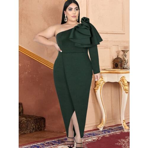 ONTINVA Cocktail Dresses Plus Size Elegant Women One Shoulder Long Sleeve Ruffles Slit Evening Party Occasion Event Gowns Dress