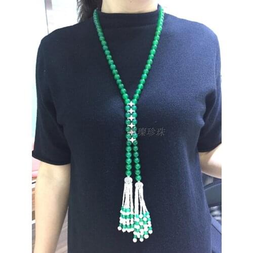 Fine jewelry Real 8mm green jade necklace 26inch women fresh water pearl tassel jewelry 925 silver