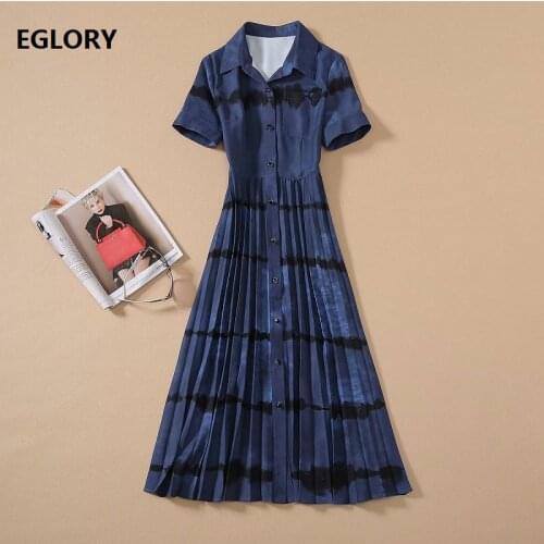 New Korean Fashion Style Dress Women Turn-down Collar Gradient Color Print Short Sleeve Dark Blue Long Shirt Dress Pleated