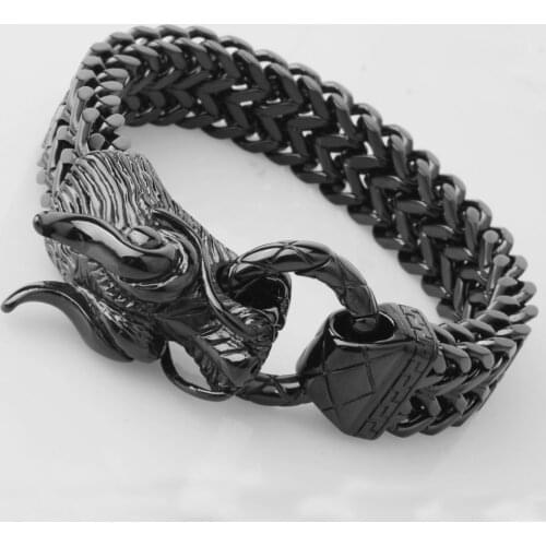 17mm Hot Sale Stainless Steel Hot Color Black 3D Dragon Head Figaro Link Chain Mens Boys Casting Bracelets Jewelry Xmas Gift