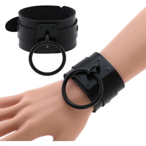 2020 New Fashion Sexy Harajuku Handmade Gothic Punk Leather Bracelets Women Black Metal O-Round Cuff Bangles Party Emo Jewelry