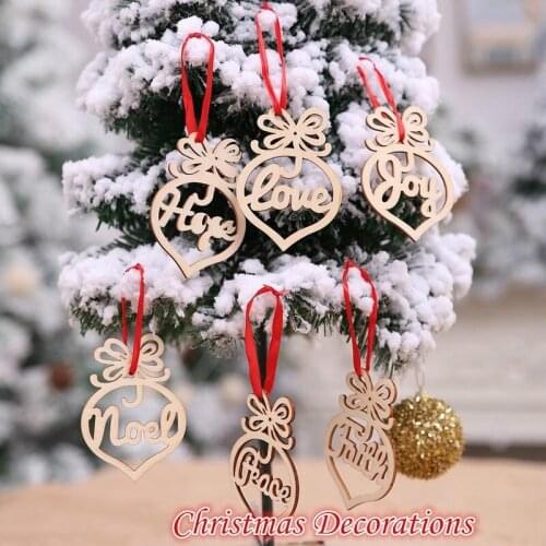 6pcs/set Noel Peace Faith Love Words Wooden Laser Hollow Hanging Ornaments For Christmas Tree Home Door Party Decor Accessories
