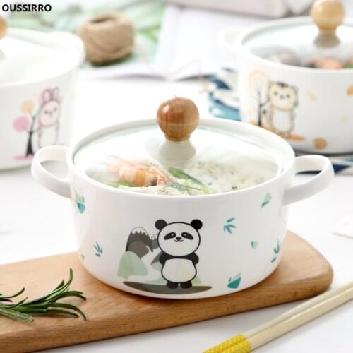 OUSSIRRO Cartoon Creative Instant Noodles Bowl With Lid Ceramic Bowl Cute student Job Bowl Soup Bowl