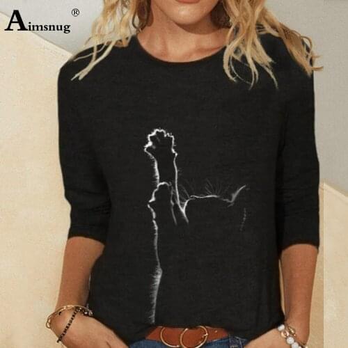 Aimsnug Plus Size 4xl 5xl Artistic Cat Tee Shirt Women Top Round Neck Black Blue Long Sleeve Autumn Casual Loose Female T-shirt