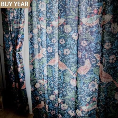 American Curtains for Living Dining Room Bedroom Retro Pastoral Imitation Cotton Linen Bird Dark Blue Curtains French Window