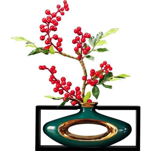 White Ceramic Flower Vase Crafts Creative Hollow Gold-plated Flower Arrangement with Wooden Frame Vase Ornament Home Decoration