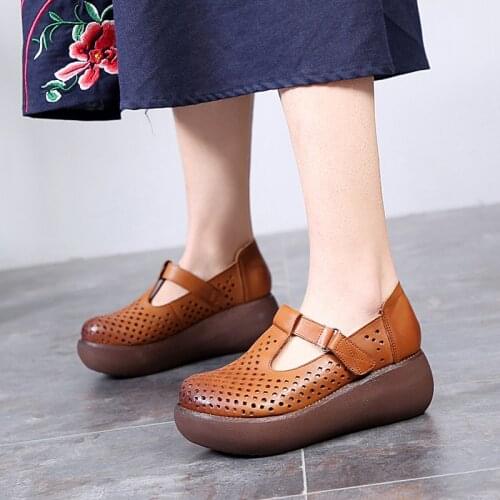 2021 Fashion Handmade Shoes Woman Vintage Genuine Leather Women Flat Platform Shoes Breathable Casual Summer Sandals