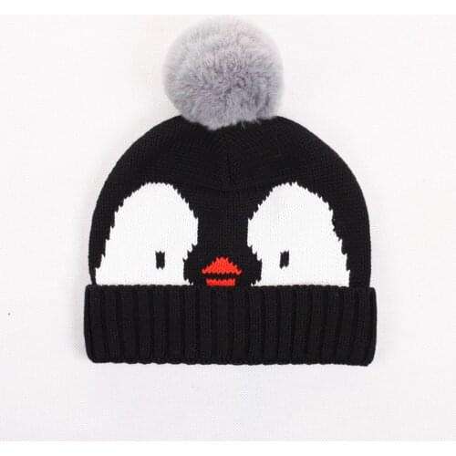 Kid Beanie Winter Knit Hat Boy Girl Warm Real Rabbit Pompom Cotton Brim Animal Penguin Casual Outdoor Skiing Accessory