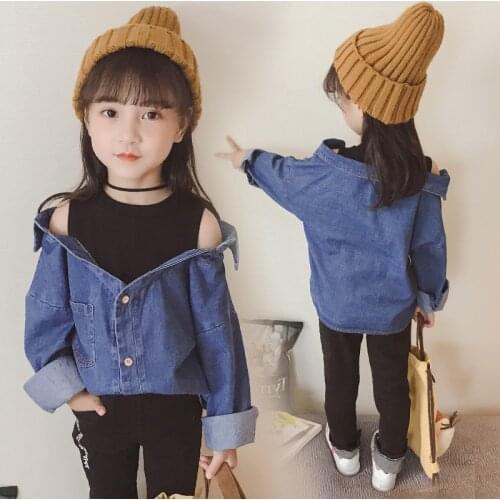 Girls Denim Shirt Spring Autumn Off Shoulder Advanced Fake Two-piece Blouses Breathable Long Sleeve Children Fashion Top Clothes
