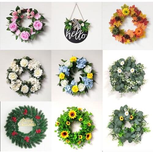 Artificial Sunflower Wreath Welcome Sign Door Ornament Wall Hanging Green Eucalyptus Garland For Home Decoration