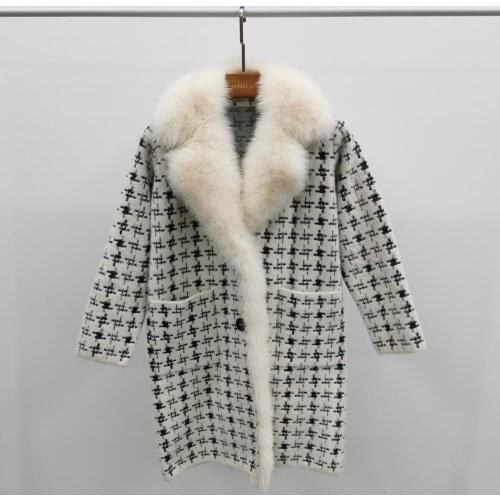 Janefur Autumn Long Winter Plaid Coat Woman Fox Fur Cardigan Warm Ladies Knitted Jacket Female Plush Plus Size Outwear