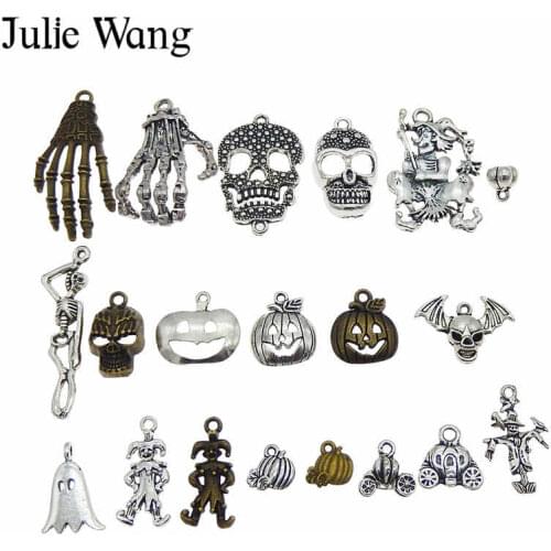 Julie Wang 20pcs Mixed Halloween Decoration Pumpkin Skull Ghost Clown Charms Necklace Earrings Pendant Jewelry Making Accessory
