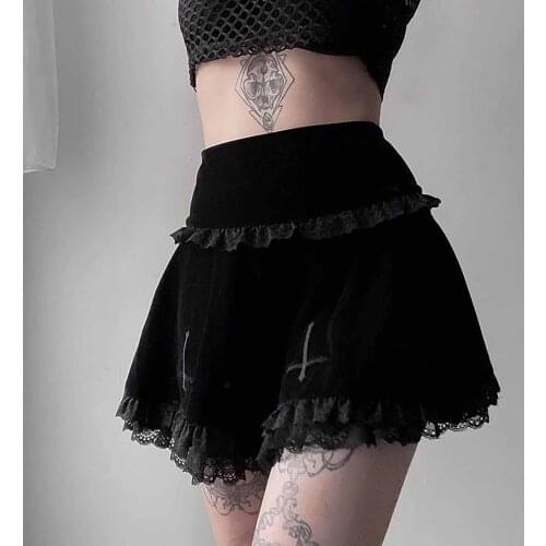 Mini Skirt Women Harajuku Summer Gothic Clothes Skirts Y2k Embroidery Suede High-Waisted Skirt Black Lace Patchwork Punk Skirt