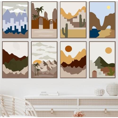 Nordic Morandi Color Landscape Wall Art Poster Desert Sunrise Night Scene Painting Canvas Modern Room Office Decor Prints