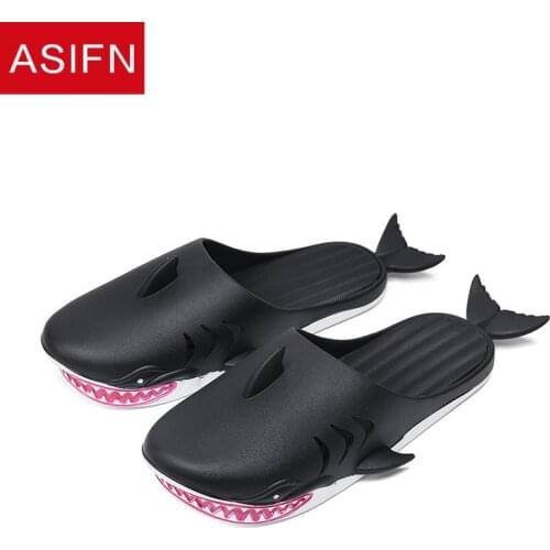 ASIFN Beach Slides New Mens Slippers Summer Outside Trend Cartoon Sharks Outdoor Sandals Outdoor Peep Toes Slipper Men Shoes