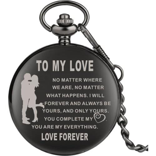 Romantic "To My Love" Design Quartz Pocket Watch Polishing Black Full Hunter Pendant Pocket Clock with Punk Chain Lovers Gift