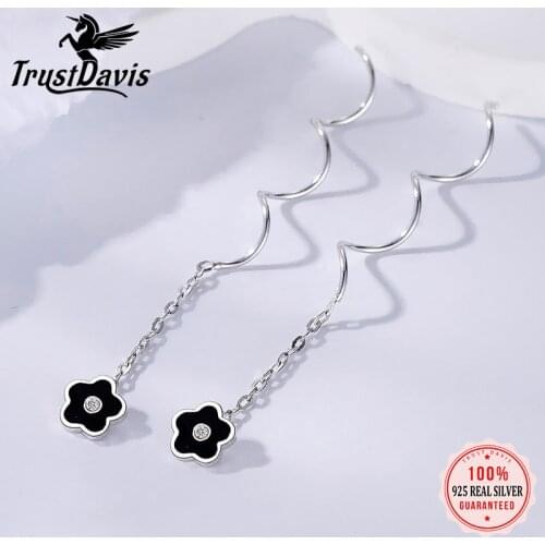 TrustDavis Real 925 Sterling Silver Black Glaze Star Flower Linked Stick Stud Earrings For Women Wedding Party Jewelry DA2368
