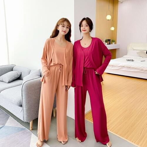 Spring Autumn Modal Pajamas Ladies Long-Sleeved Thin Section Suit Vest Three-Piece Casual Home Service Summer Sleepwear Nighties
