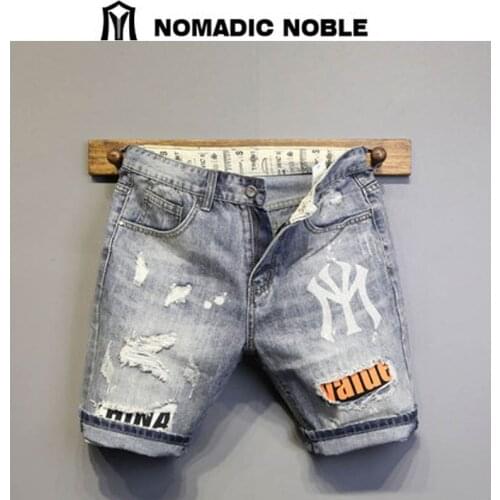 Denimen Shorts Mens Print popular logo Korean Rig Patch slim-fitting five-cent Pants
