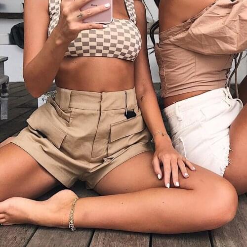 Pocket Loose Khaki Cargo Shorts Women High Waist Causal Shorts Femme Straight Zipper Black White Summer Shorts 2018 Wide leg