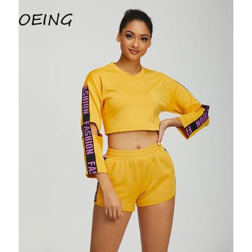 Fitness Long Sleeve Crop Tops Sets Jogging 2 Piece Sets Biker Shorts Women Sportwear Letter Tracksuit