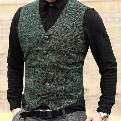 Dark Green Plaid Vest For Men Wool Tweed Casual Waistcoat Formal Business Suit Vest For Groomsmen For Wedding，New