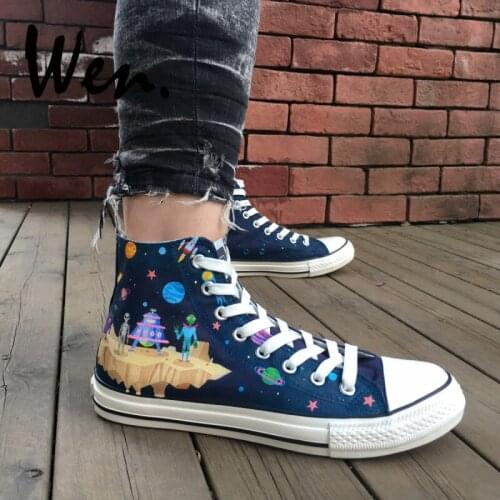 Wen Hand Painted Shoes Design Custom Cartoon Outer Space Spaceship Alien High Top Canvas Sneakers for Christmas Gifts
