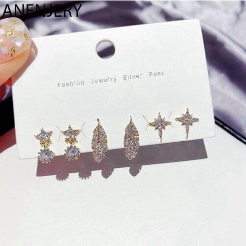 ANENJERY 6 pieces/set Zircon Feather Leaves Star Stud Earring Set for Women Gold Daily Jewelry Gifts Wholesale S-E1362