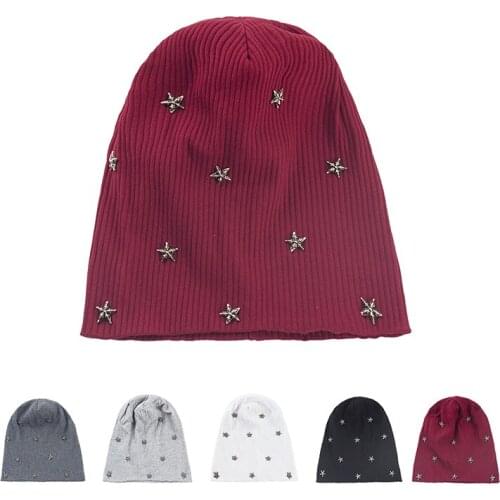 Women Winter Warm Ribbing Soft Beanies Cotton Female Elastic Solid Color Skullies Hats With Star Accessories Fashion Caps Bonnet
