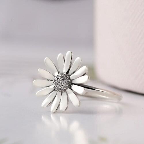 Bewill Original S925 Sterling Silver Ring Pave Daisy Flower Statement With Crystal Rings For Women Wedding Party Gift Jewelry