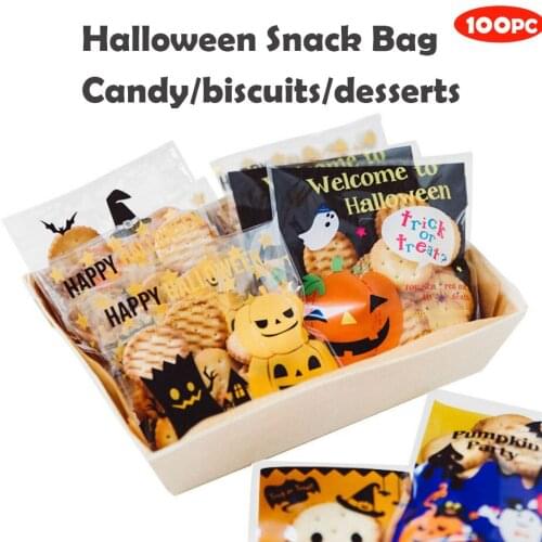 100Pcs Halloween Candy Bags Pumpkin Bat Spider Halloween Gift Favors Packaging Bags Treat or Trick Candy Pocket Decor Supplies