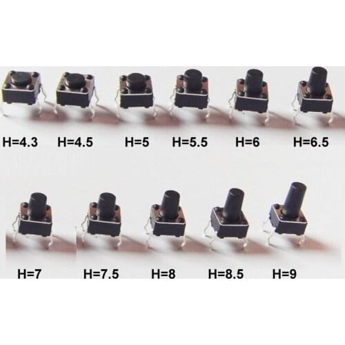 200pcs/lot 6*6*4.3/4.5/5/5.5/6/6.5/7/7.5/8/8.5/9mm 4 pin Tact Switch Push Button Switch 6x6mm Black