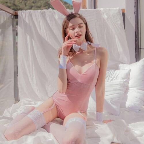 Velvet Pink Bunny Sexy Lingerie One Piece Bodysuit Uniform Temptation Bunny Nightclub Rabbit Girl Cosplay Costumes for Women