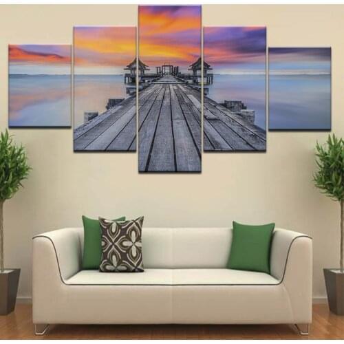 Design Art Wood Bridge in Port between Sunrise Sea Bridge Canvas art painting 5 Panel HD Print For home living room decoration