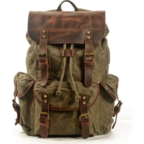 Cotton Oil Wax Canvas Backpack Mens Large Capacity Vintage Waterproof Backpack 15" Laptops Daypacks Rivets bookbag