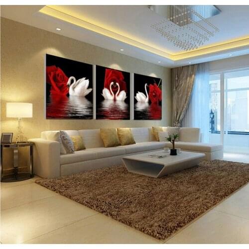 Canvas Painting modern home decorative Swan Painting on canvas 3 Panel Wall art With Framed Art W0282
