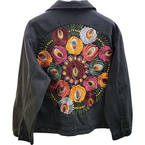 Floral Embroidered Denim Jacket Women Vintage Oversized Multi Cowboy Long Sleeve Lapel Casual Cowboy Coat Streetwear Outerwear