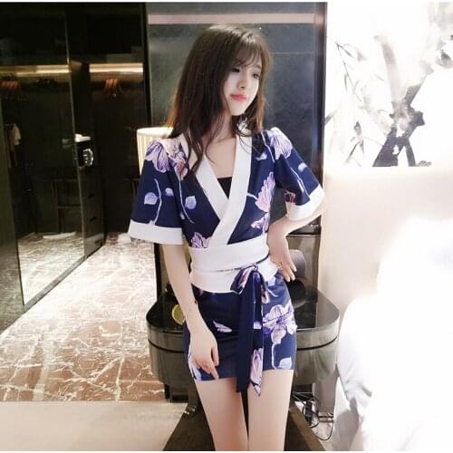 Fashion Kimono Dresses Women Japan Style Spring Autumn V-neck Blue Print Bodycon Dresses Female Female Clothing Summer New