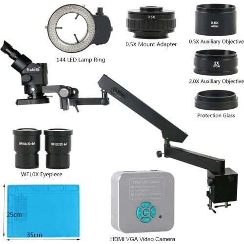 3.5X-90X Zoom Simul Focal Trinocular Stereo Microscope + Industrial 36MP HDMI USB Video Camera + Articulating Arm Pillar Clamp
