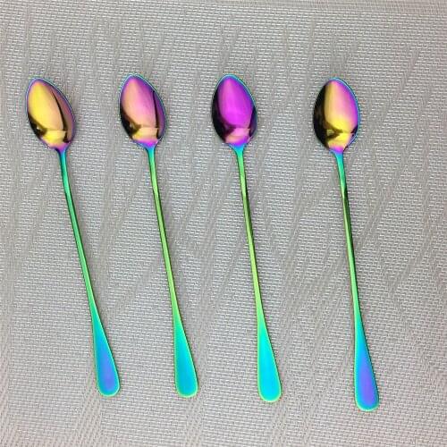 Juice Coffee Stirring Cutlery Set Colorful Rainbow Teaspoon Dinnerware Ice Cream Long Handle Scoop Tableware Set Kitchen Tools