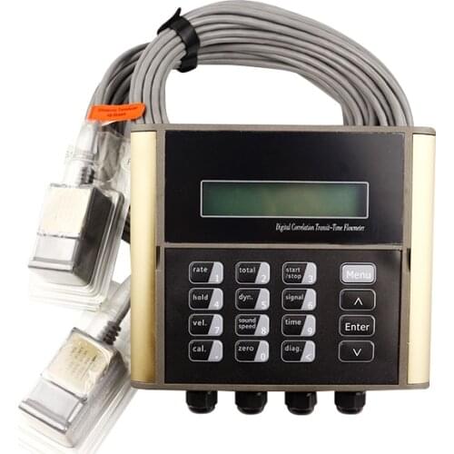 Wall mounted ultrasonic water flow meter with clamp on sensors