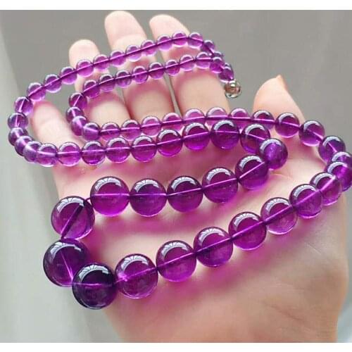 6mm-14mm Genuine Natural Purple Amethyst Gemstone Clear Crystal Round Bead Women Lady Long Chain Necklace AAAA
