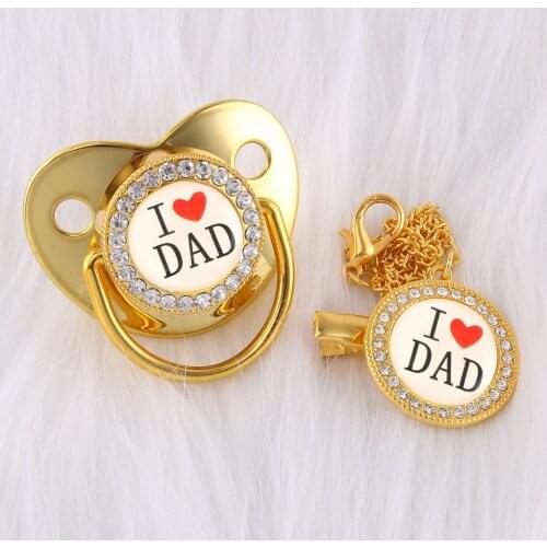 Luxury Crystals Diamond Gold Baby Pacifier Baby Dummy Orthodontic Bling Pacifier Chain I Love Dad Kid Nipple Soother Holder Clip