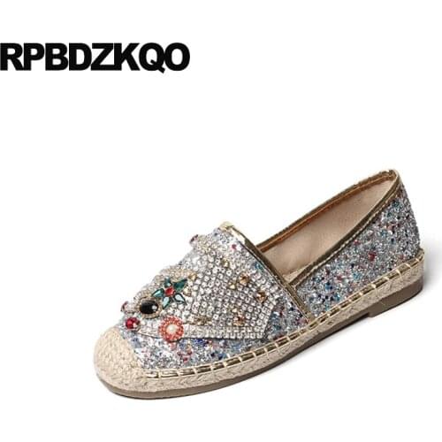 Handmade Woven Espadrilles Designer Rhinestone Flats Hemp Loafers Women Autumn Spring Bling Sequins Single Shoes Beaded Silver