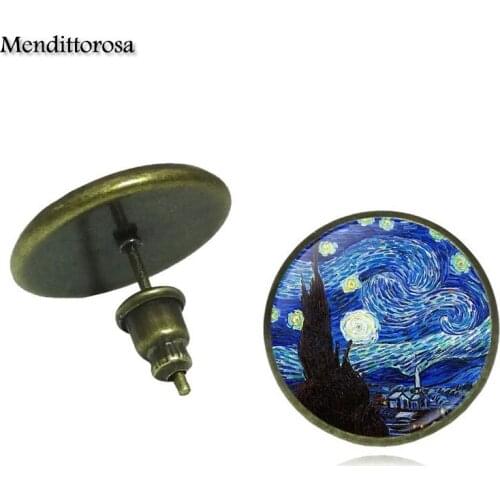 Mendittorosa Van Gogh Starry Night Jewelry Bronze/Silver/Golden Clip Ear Hook Stud Earrings Jewelry Crystal Gift