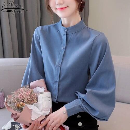 Silk Satin Solid Stand Collar Women Shirt 2021 Autumn Women Lantern Long Sleeve Single Breasted Elegant Office Lady Blouse 11506