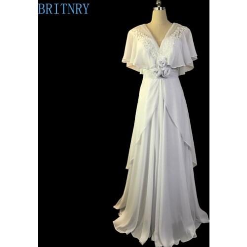 BRITNRY V Neck Boho Wedding Dress Lace Flowers Chiffon Beach Dress Elegant Short Sleeves White Ivory Wedding Gowns