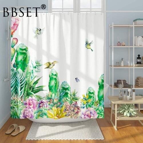 Cactus Shower Curtain Green Succulent and Birds Pattern Waterproof Multi-size Douchegordijn Bathroom Decor with 12 Hooks