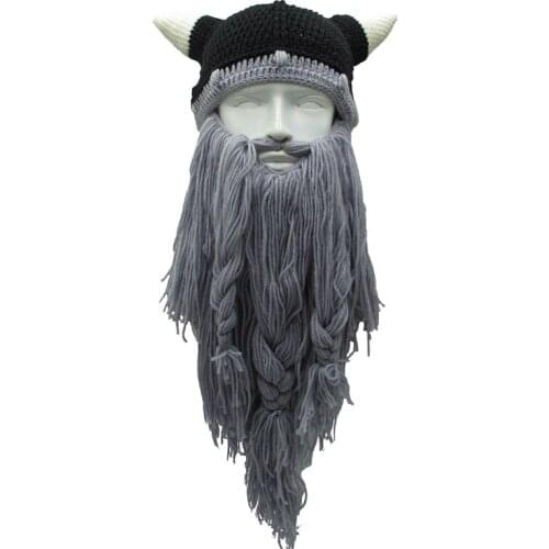 Funny Men Vikings Beanies Knit Hats Beard Ox Horn Handmade Knitted Winter Hats for Women Warm Caps Gift Party Mask Cosplay Cap