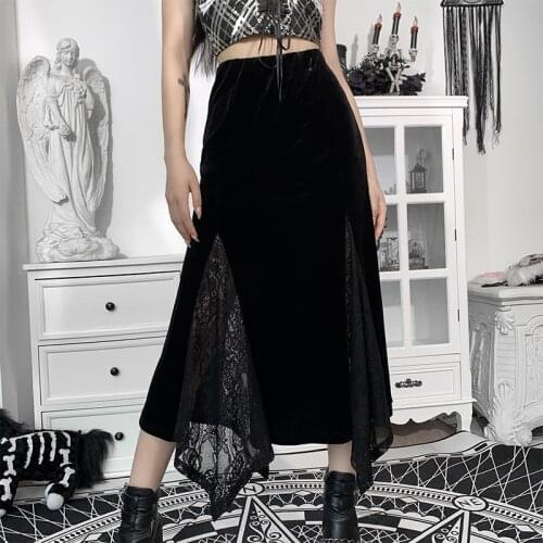 Gothic Velour Black Skirt Women High Waist Bottoms Irregular Hem Midi Skirts Streetwear Lace Patchwork Long Skirt
